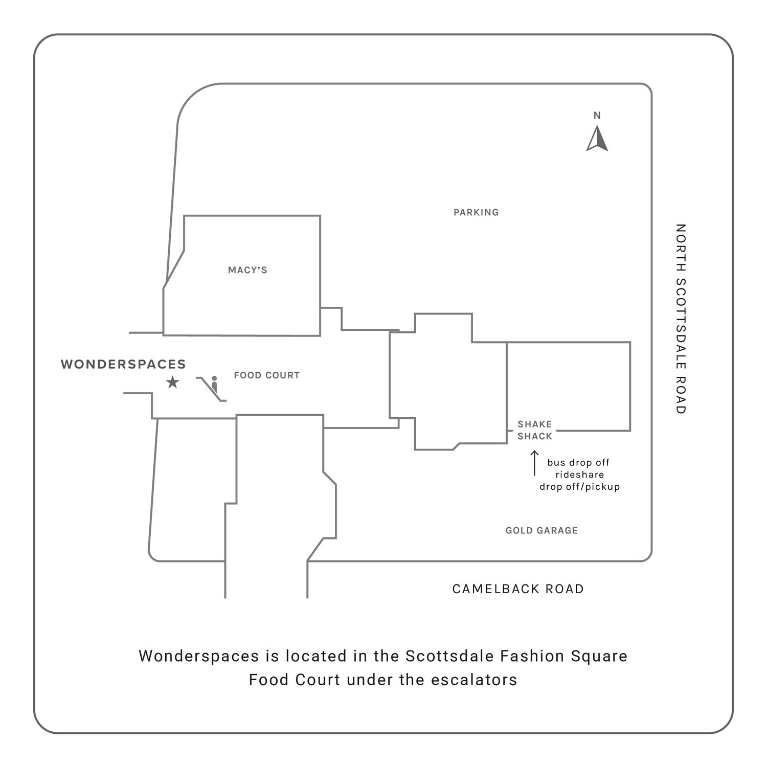 Map of Scottsdale Fashion Square showing recommended parking and rideshare drop-off locations
